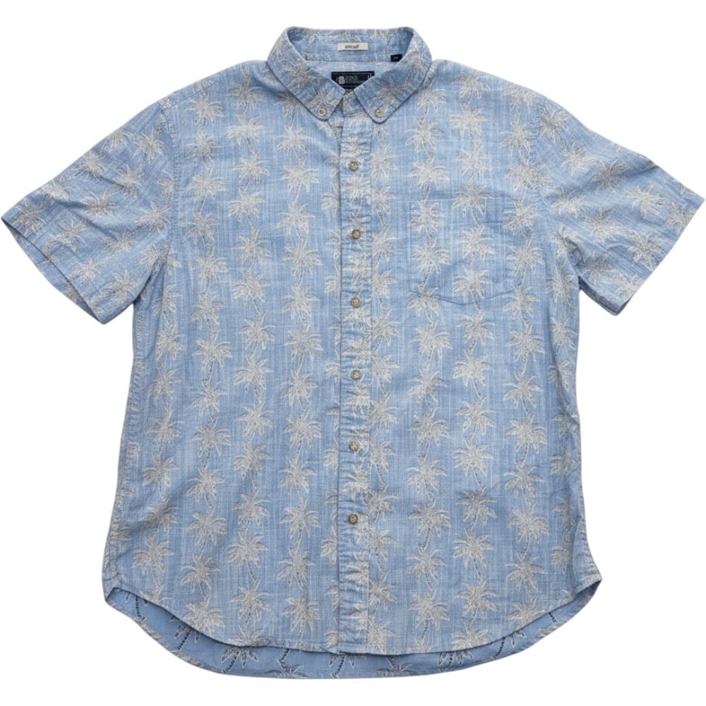 Reyn Spooner Tailored Mens Medium Blue Palm Tree Cotton Short Sleeve Aloha Shirt